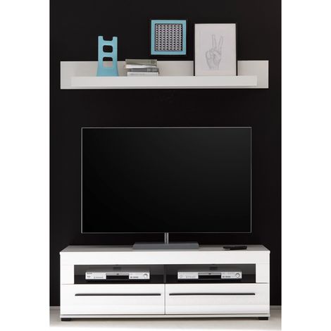 TV-Rack und Wandboard COLORADO-61 in weiß Hochglanz mit schwarzen Relinggriffen BxHxT: 150x130x47cm (1/3)