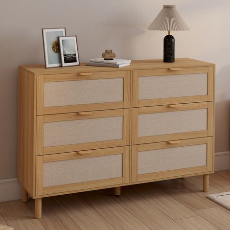 Cómoda ROBIN 6 cajones 115 cm madera y tela efecto lino