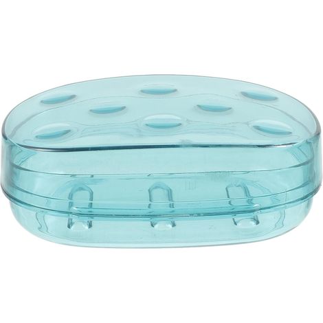 Bathroom Soap Dish with Blue Lid Double Layer Drainer Large