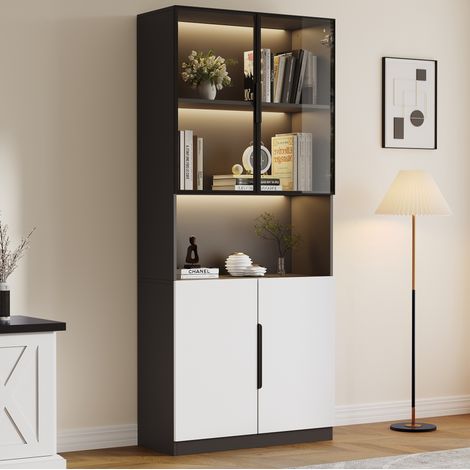Vetrina con porte in vetro e illuminazione LED, 80 x 30 x 200 cm, bianco e nero DESVIAE (1/5)