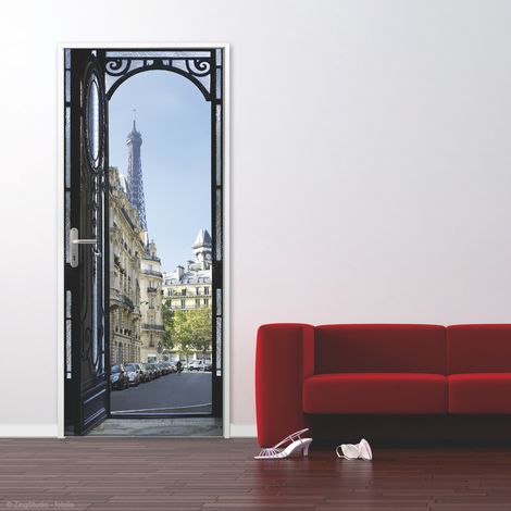 Sticker porte, porte en fer sur rues de paris tour eiffel, immeubles parisien, 204 cm X 60 cm (1/2)