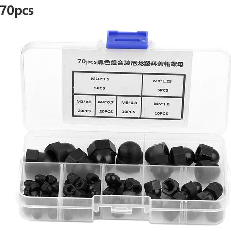 Satz mit 70 Nylon-Sechskantmuttern M3/M4/M5/M6/M8/M10 (Schwarz) (1/5)
