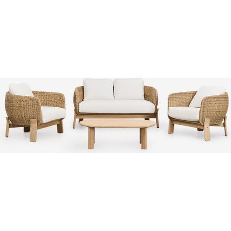 Salon de jardin Leilan avec canapé 2 places, 2 fauteuils et table basse en bois d'acacia et rotin SKLUM