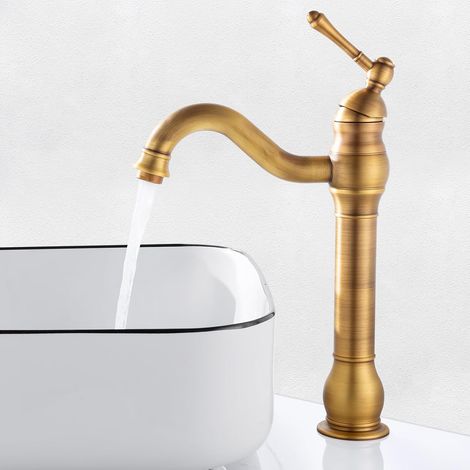 G3/8,Robinet Salle de Bain Rétro Laiton Haut, Antique Mitigeur Lavabo Vasque avec bec Hauteur 230 mm, Pivotant à 360°Mitigeur Vasque Salle de Bain, Robinet Lave Main Chaude et Froide (1/5)