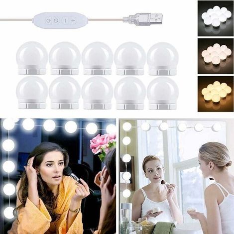 Lampe de miroir LED style Hollywood, 10 ampoules, câbles parfaitement cachés, 3 couleurs et 10 intensités, lampe de miroir USB pour coiffeuse, boule de maquillage LED autocollante pour maquillage [Cla (1/4)