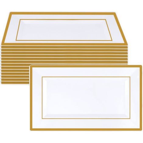 Lot de 15 Plateaux Rectangulaires Polystyrène Blanc Bordure Dorée 33x20cm Pour Buffet Mariage (1/5)