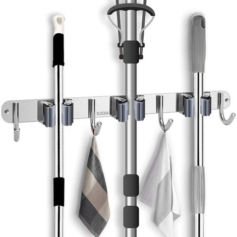 Porte Balais Mural Inoxydable Mop Support avec 3 Clips et 4 Crochets pour Cuisine Jardin Balcon Garage (1/5)