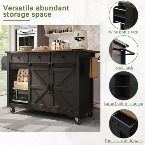 Îlot de cuisine - - Noir - Plateau extensible - Roues amovibles - Rangement optimal (1/5)