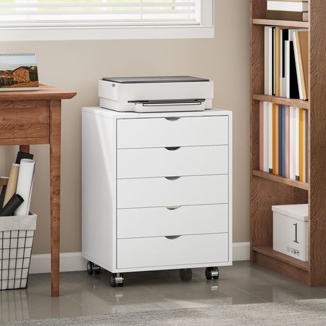 Caisson bureau mobile 5 tiroirs, meuble de rangement sur roulettes pour documents A3/Lettre/A4, couleur blanche (1/5)