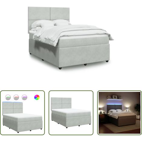 vidaXL LED-Beleuchtung - Boxspringbett mit Matratze Hellgrau 140x200 cm Samt (1/5)