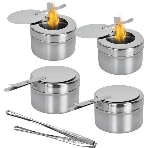 4 Pièces Réchaud À Alcool en Acier Inoxydable avec Pinces de Cuisine, Réchaud Fondue Brûleur à Alcool, Récipients à Pâte Combustible avec Pinces de Cuisine pour Buffet, Fondue, Camping, Café (1/5)
