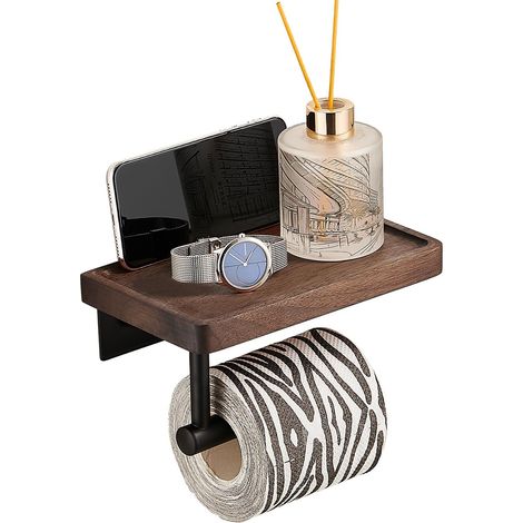 Porte Papier Toilette avec Étagère en Bois de Noyer, Deux Méthodes de Montage avec Autocollant et Montage Mural, Porte Papier Toilette en Acier Inoxydable, sans Perçage, Noir (1/5)