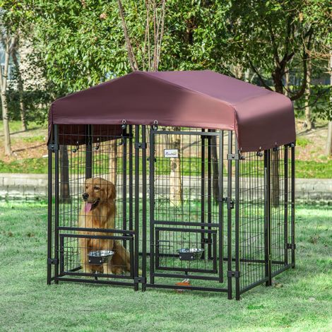 PawHut Chenil extérieur pour chiens parc à chiot avec toit en tissu oxford avec 2 supports de bol rotatifs 8 panneaux toit résistant aux intempéries 120 x 120 x 138 cm