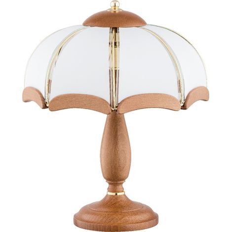 ALFA SIKORKA Classic Wooden Bedside Table Lamp for Bedroom Nightstand, Light Wood & White Glass, 2x E14 Sockets Max 10W, Dimmable with Bulb, 40cm Height, IP20, Model 769