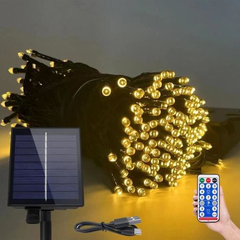 50 m guirlande lumineuse solaire, 500 LED blanc chaud, 8 modes avec télécommande et panneau photovoltaïque pour extérieur