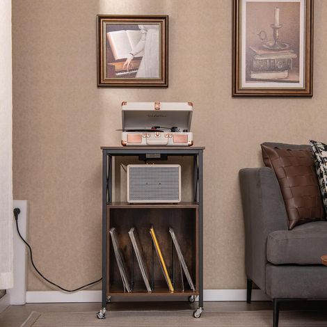 Goplus – Meuble de rangement pour vinyles avec station de charge intégrée – 4 roulettes verrouillables – 50x45x82 cm – Bois d'ingénierie marron (1/2)