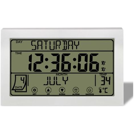 Réveil mural et de table multifonctionnel avec grand écran tactile LCD – horloge numérique avec affichage du jour de la semaine, du calendrier, de la température intérieure et double alarme – pour cha