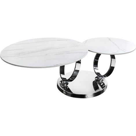 Table basse SOLYNE 133 cm blanche effet marbre avec plateaux rotatifs et structure argentée (1/5)