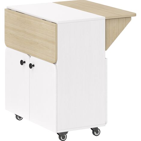 Table de cuisine pliante 4 personnes sur roues, 2 rabats, étagère et placard, 70x83x75 cm, blanc. (1/5)