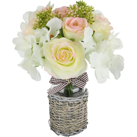 Bouquet de roses avec hortensias et accessoires dans un vase de 30 cm - Fleurs artificielles - Décoration de table - Décoration de mariage - Bouquet de fleurs de table (1/3)