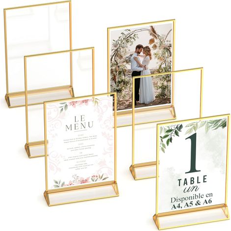 CCYKXA Double-Sided Gold Photo Frames - Pack of 6 - Acrylic gold table number holders, clear table easels for posters, menu holders, and photo frames (1/5)