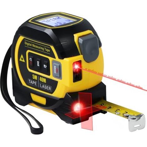 Mètre laser 3 en 1 avec niveau à lignes croisées - Outil de mesure laser numérique 40 m (131 pi), mise à niveau automatique, écran LCD, unités po/pi/m Ruban de 5 m (16 pi) (Jaune) (1/5)