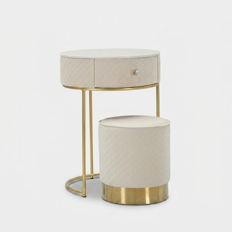 Set 2 pezzi comodino toeletta con pouf in velluto Vellit - Bianco (1/5)