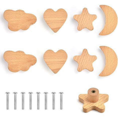 Set of 8 wooden drawer knobs for children - Knobs decorated with stars, clouds, moon, heart (1/5)