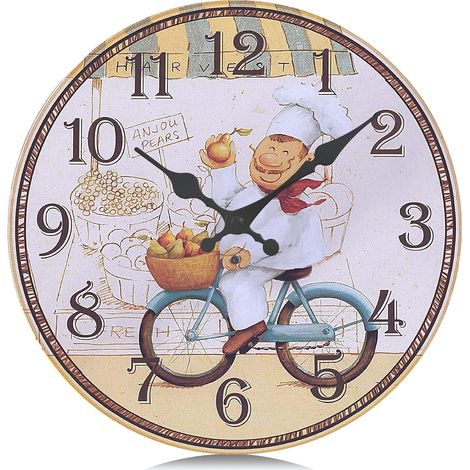 30cm Horloge Murale Cuisine Bois Silencieuse Pendules Murales Chef Retro Design sans Tic-tac Deco pour Restaurant Salle a Manger Boulangerie (1/5)