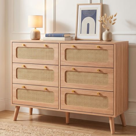 Commode 6 tiroirs effet rotin - 100 cm - meuble de rangement design bohème scandinave - pieds en bois massif - buffet bas pour chambre, salon, entrée, Chêne clair (1/5)