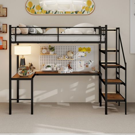 Lit mezzanine 90x190 avec bureau en L, étagères, rangement ouvert - en métal - noir