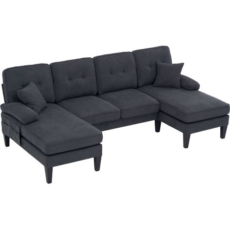 Grand canapé en U 4 places en tissu de lin doux, dossier moderne, avec deux méridiennes, pieds stables et coussins d'assise moelleux avec coussins décoratifs – élégant pour tout salon. Gris foncé