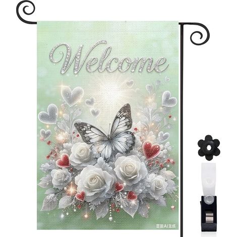 Drapeau de jardin décoratif bienvenue 30 x 45 cm motif papillon et pivoines toile double face pour maison et terrasse (1/5)