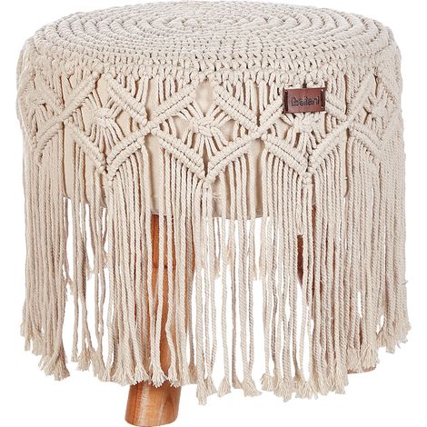 Reposapiés de algodón en color beige macramé con patas de madera fabricado a mano 40 x 40 x 50 cm Nawabad