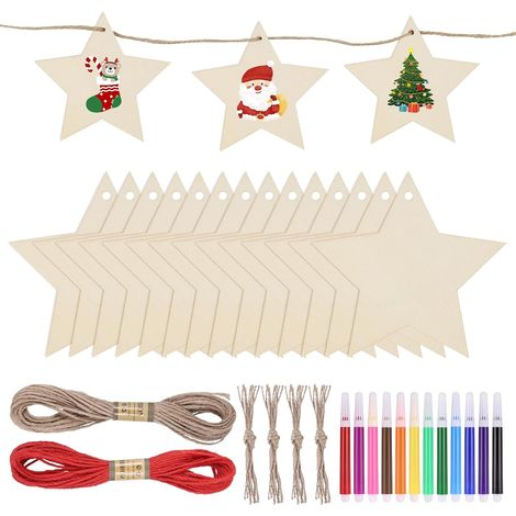 Lot de 40 Boules Noel a Decorer, Boule de Noel a Peindre Étoiles en Bois Vierges à Suspendre avec 12pcs de Stylos de Couleur et 2pcs de Corde de Chanvre de 10m pour Décorations à Suspendre (1/5)