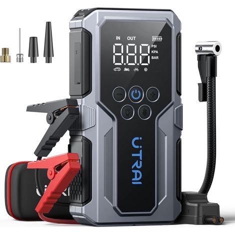 Booster Batterie Voiture 6000A, Demarreur Batterie Voiture avec Gonfleur 150PSI (10L Essence/9L Diesel), Jump Starter avec Lumière LED 600 Lumens, QC3.0, Démarrage Forcé, Grand Écran (1/5)