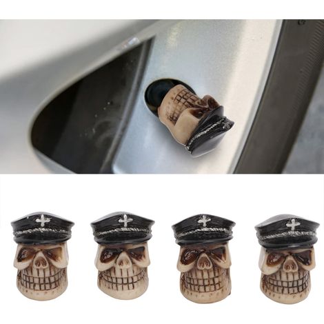 Universelle Ventilkappe für Auto-, Lkw-, Fahrrad-, Motorrad- und Fahrradreifen, verziert mit einem Totenkopfmotiv. 4er-Pack (Devil Officer), schwarz. (1/5)