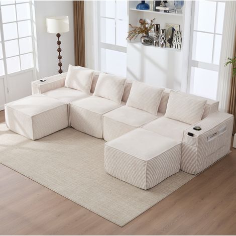 Sofá modular de 4 plazas 330x162x75 cm en tela beige con almacenaje FloraGrace (1/5)