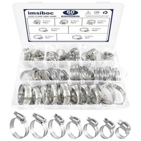 Assortiment de 60 colliers serrage en acier inoxydable réglables 6 à 38 mm pour plomberie, machine laver, mécanique, jardin et automobile - 1/4''- 1-1/2'' (6-38mm) (1/5)