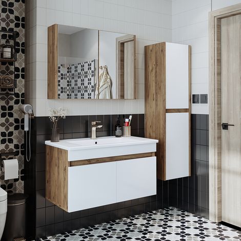 Roomart ATRIA-85 Badmöbel-Set 4-tlg 85 cm breit, Weiß-Eiche