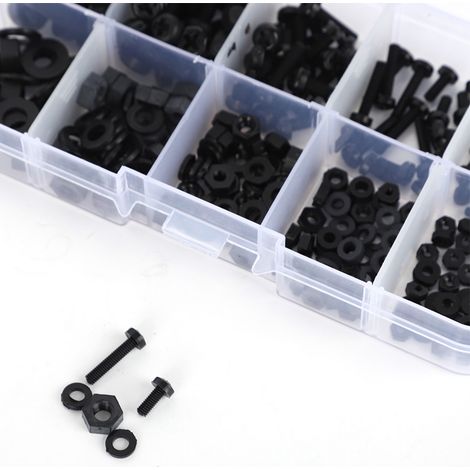 270 pièces en boîte vis écrous rondelles nylon M2/M2.5/M3/M4/M5 kit fixations quincaillerie noir (1/5)