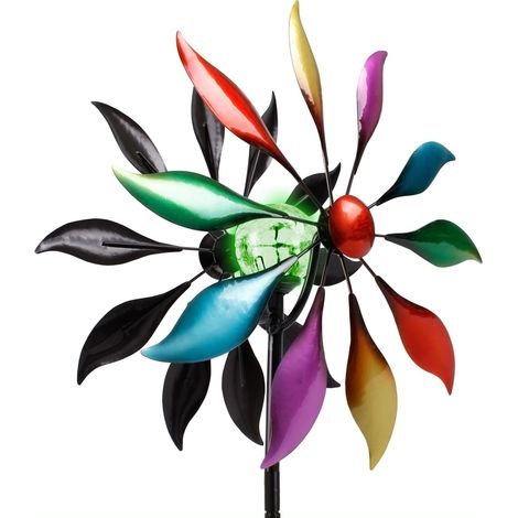Metall Doppel Windrad mit Solar LED Glaskugel - Ø 38 cm - Deko Gartenstecker mit Farbwechsel Beleuchtung - Garten Deko Windspiel Windmühle Blumenstecker Beetstecker beleuchtet wetterfest