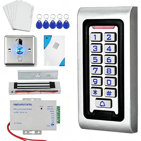 Kit de contrôle d'accès étanche en métal S601 (avec bloc d'alimentation + serrure magnétique 180 kg + bouton de sortie + sonnette + 10 porte-clés bleu ID) - 125 kHz, IP68, 2000 utilisateurs (1/5)