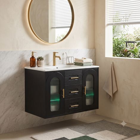 URBAN MEUBLE Mobile lavabo sospeso in ceramica effetto legno nero, illuminazione a LED integrata e anta in vetro scanalato, 76 cm (rubinetto non incluso) (1/5)