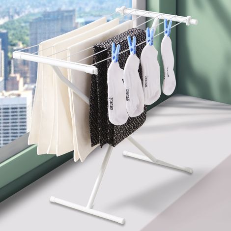 Étendoir à linge X pliable, blanc, en fer, compact, sans montage, pour balcon et intérieur, séchage stable et robuste (1/5)