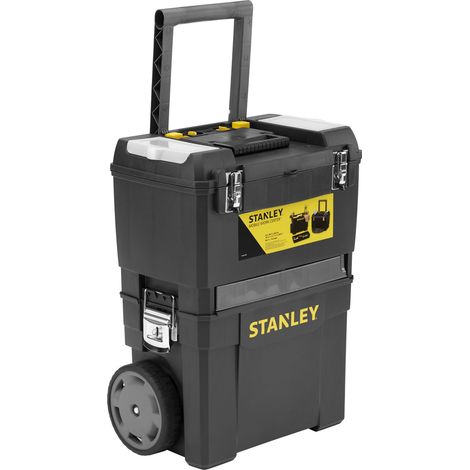 Stanley – Servante d'atelier carbone 3 en 1 – Boîte à outils 39L – Rangement électroportatif – Roues grand diamètre – Poignée télescopique ajustable