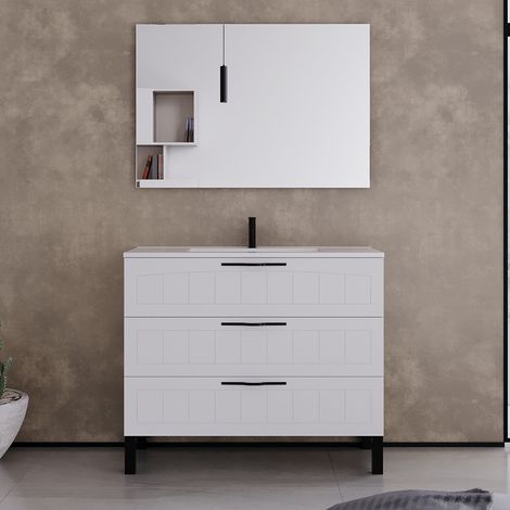 Meuble de salle de bain 100cm simple vasque - 3 tiroirs - blanc - CALA (1/5)