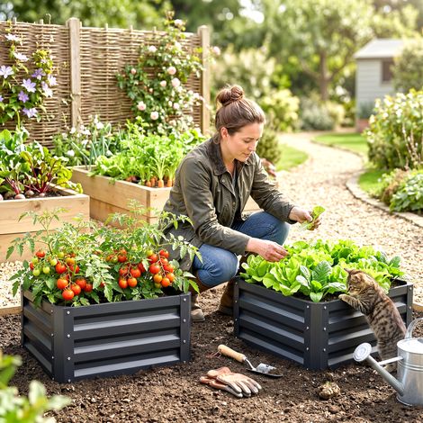 Lot de 2 jardinières surélevées, carre potager de jardin pour légumes, fleurs, acier galvanisé 60 x 60 x 30,5 cm, gris (1/5)