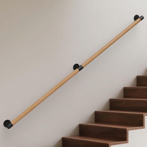 Main Courante en Bois, Rampe d'escalier Bois en Hêtre Ronde 3.5cm Poignée de Sécurité Barre d'escalier avec Support Intérieur Murale Balustrade pour Handicapée/Personnes âgées (Beech, 60cm) (1/5)
