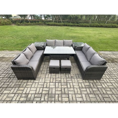 Fimous Patio Rattan Garden Furniture Set with Oblong Rectangular Dining Table 2 Small Footstools 2 Side Table 11 Seater Outdoor Lounge Sofa Set Dark Grey Mixed (1/5)